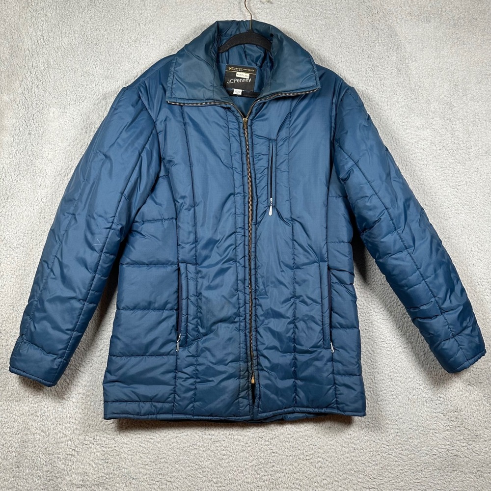 Vintage JCPenney Blue Puffer Jacket Mens Tall ML Quilted Zip Up Winter Coat